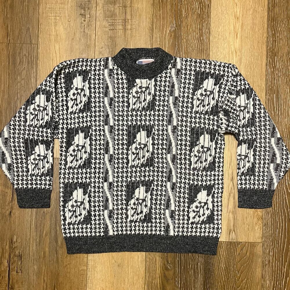 VTG Monochrome Abstract Pattern Knit Pullover Sweater Sz L Streetwear Retro 90s